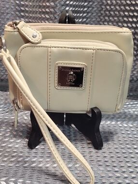 Etienne Aigner Ivory Leather Wristlet Wallet with Logo Plaque